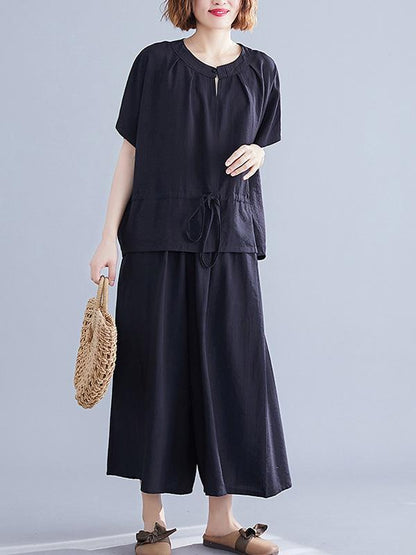 Loose Solid Tops + Wide Leg Pants Suit