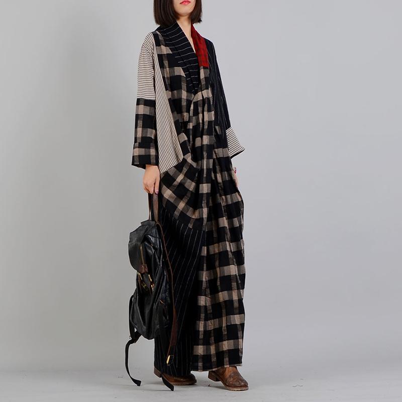 Buykud Stripe And Plaid Irregular Spliced Retro Loose Dress