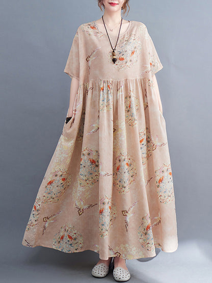 Artistic Retro Loose Floral Printed Pleated Half Sleeves Midi Dress