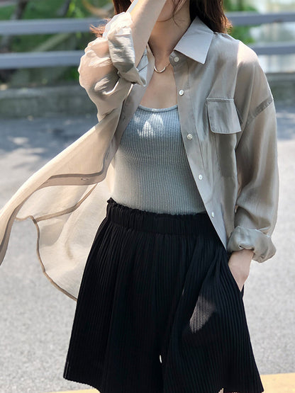 Casual Loose Solid Color Lapel Collar Long Sleeves Shirts