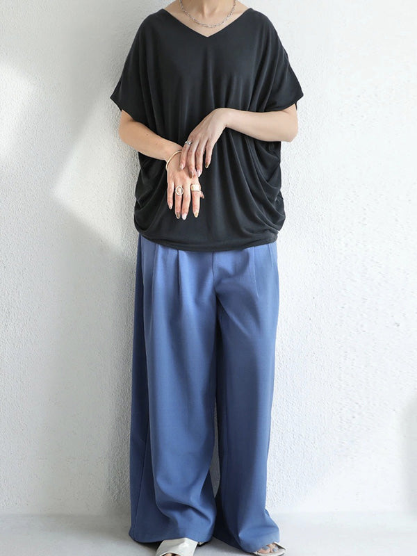 Simple Solid Color Batwing Sleeves V-Neck Shirts