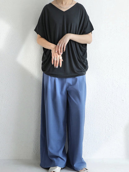 Simple Solid Color Batwing Sleeves V-Neck Shirts