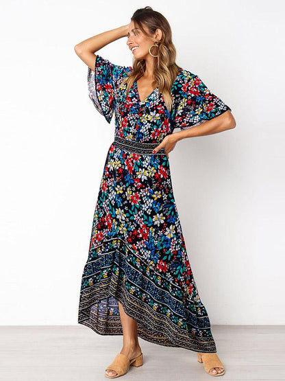 Printed Flared Sleeve Bohemian Flowers Maxi Dress