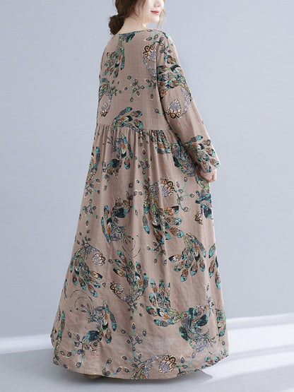 Vintage Ramie Cotton Floral Printed Round-Neck Long Sleeves Loose Maxi Dress