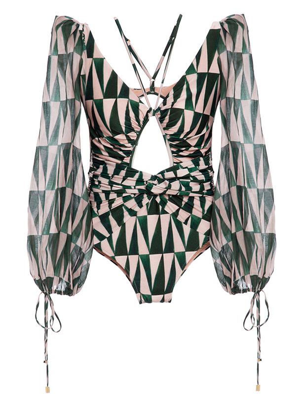 Sexy V-Neck Bandage Printing Long Sleeves One-Piece Swimwear