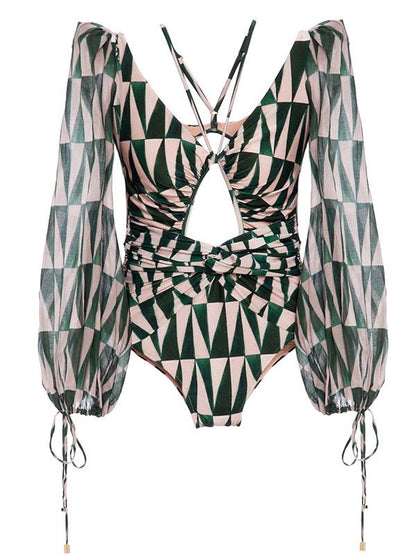 Sexy V-Neck Bandage Printing Long Sleeves One-Piece Swimwear