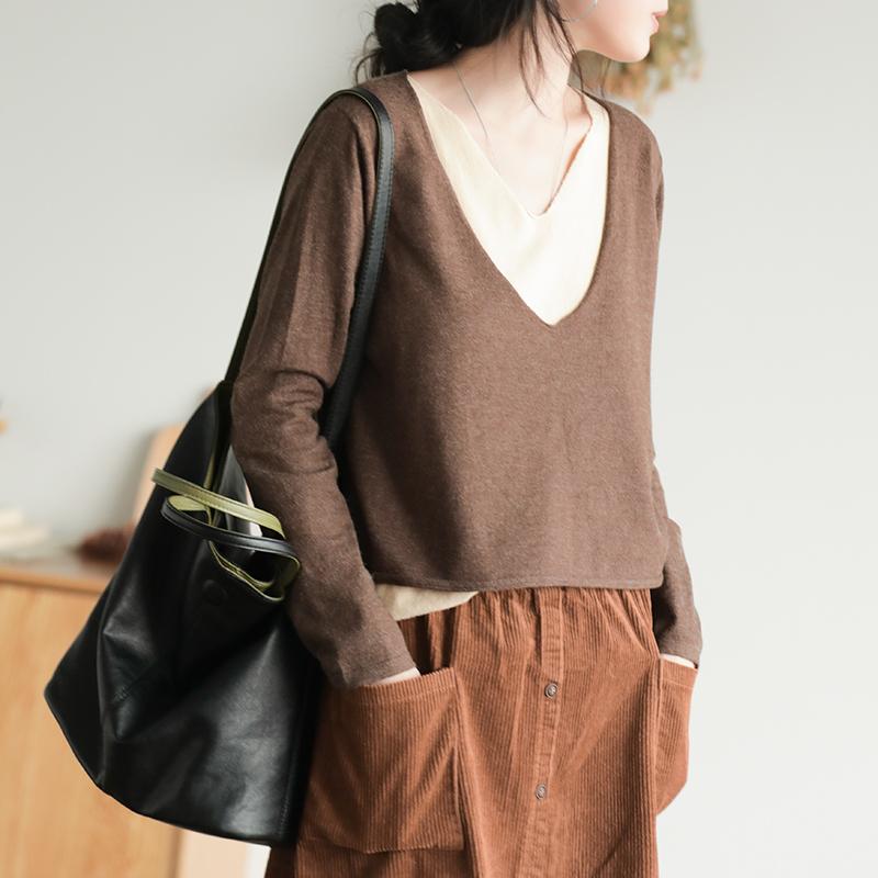 Buykud Solid Color Spliced Fake Two-piece Blouse