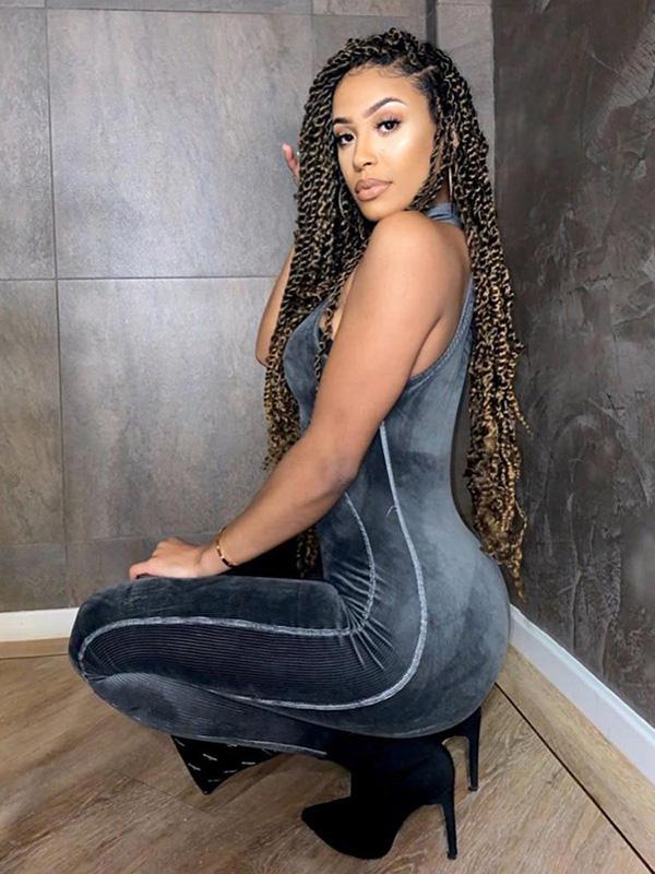 Solid Halterneck Zipper Yoga Jumpsuits