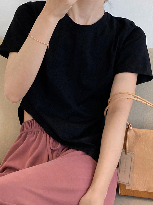 Casual Solid Color Asymmetric Round-Neck Short Sleeves T-Shirt