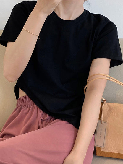 Casual Solid Color Asymmetric Round-Neck Short Sleeves T-Shirt
