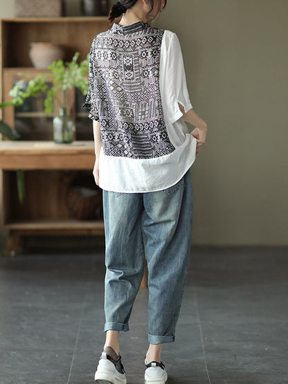 Original Printing Half Sleeve Lapel Blouse Tops