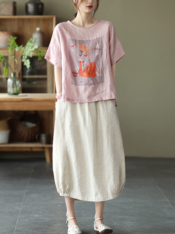 Ramie Cotton Printing Round-Neck T-Shirts Tops