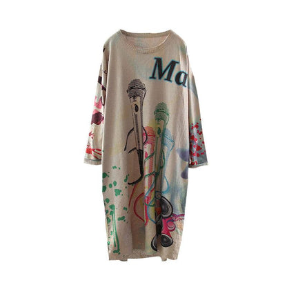 Buykud Round Collar Printed Loose Long Sleeve Dress