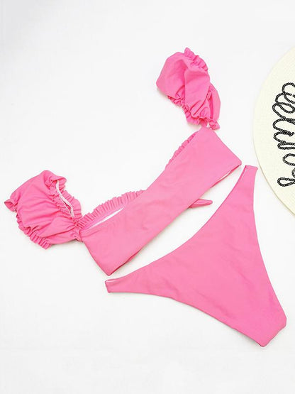 Solid Pleated Bow Bikini Swimwear