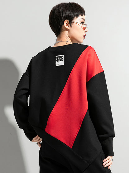 Stylish Black&Red Asymmetric Contrast Color Round-Neck Long Sleeves T-Shirt