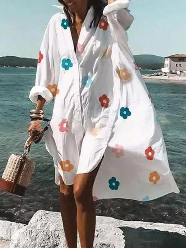 Urban Solid Color Split-Side Long Sleeves V-Neck Shirt Midi Dress