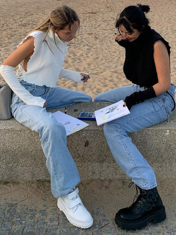 Knitted Hollowed Drawstring Solid Color Tops - kailaple