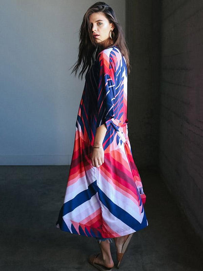 Printed Short Sleeves Belt Cover-Ups Swimwear