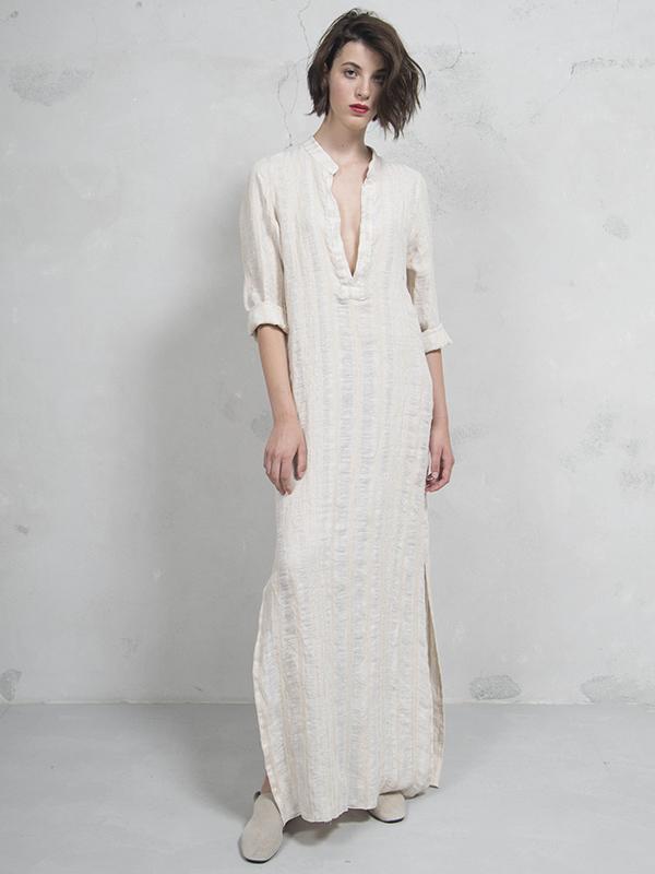 Simple Ramie Cotton V-neck Maxi Dress