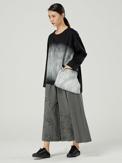 Original Asymmetric Split-Joint Gradient Round-Neck Long Sleeves T-Shirt Tops