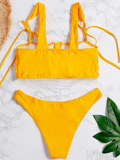 Ruched Plain Yellow Bikini Swimsuit