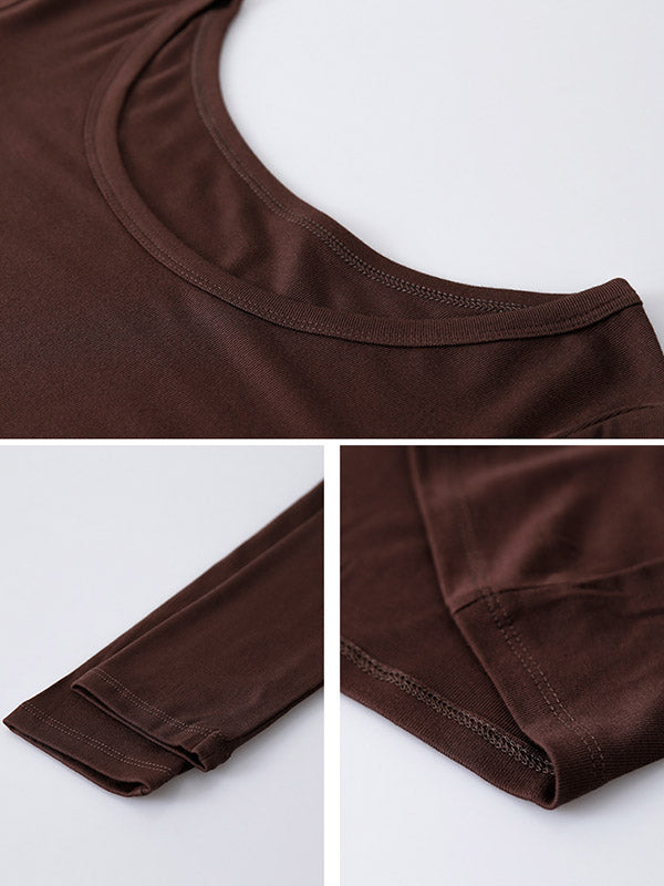 Casual Solid Color Long Sleeves Round-Neck T-Shirt Tops