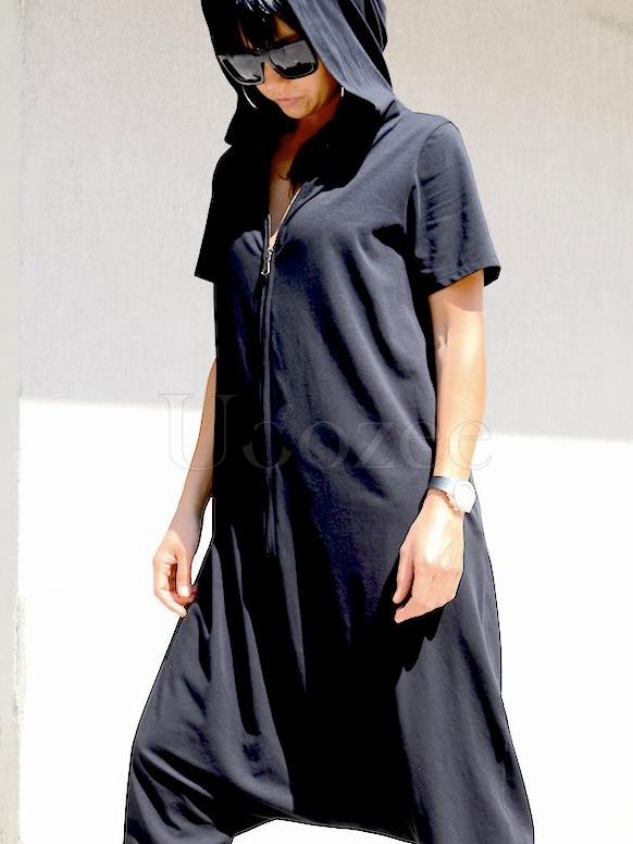 Loose Black Zipper Short Sleeves Jumpsuits