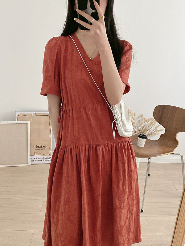 Urban Solid Color V-Neck Drawstring Short Sleeves Midi Dress