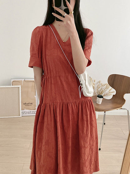 Urban Solid Color V-Neck Drawstring Short Sleeves Midi Dress