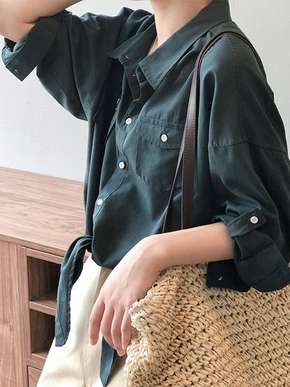 Urban Simple Solid Color Buttoned Split-Joint With Pocket Lapel Collar Long Sleeves Blouse