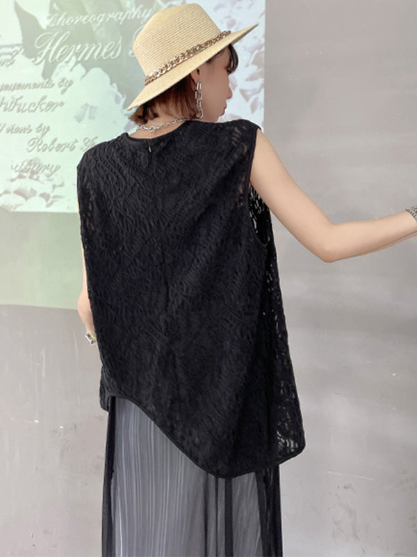 Stylish Asymmetric Hollow Split-Joint See-Through Round-Neck Vest