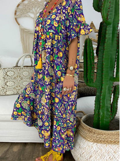 Loose Printed Round Neck Maxi Dress
