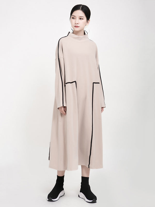 Casual Contrast Color Split-Joint Stand Collar Long Sleeves Midi Dress