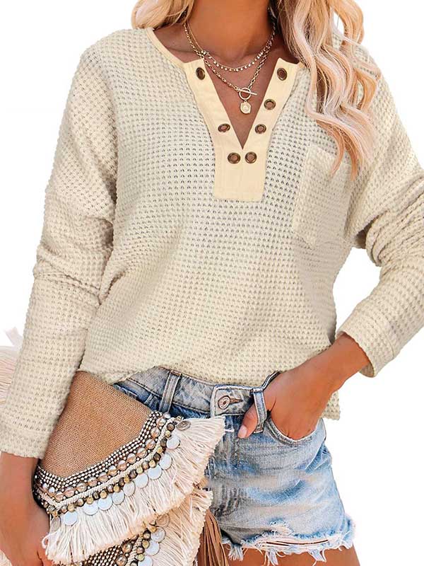 Casual Solid Color V-Neck Long Sleeves T-Shirt Tops