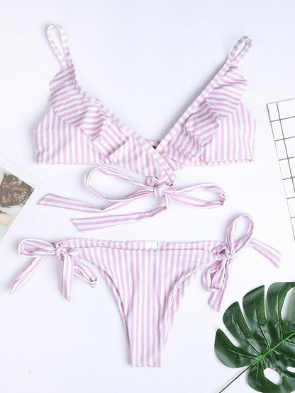 Falbala Striped Lace Up Bikini Swimsuit
