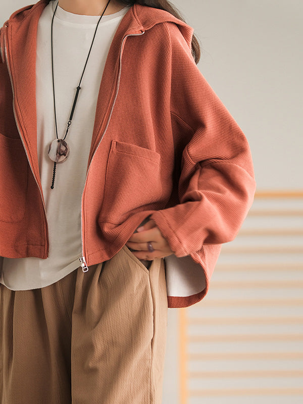 Casual Loose Solid Color Hooded Split-Joint Zipper Outerwear