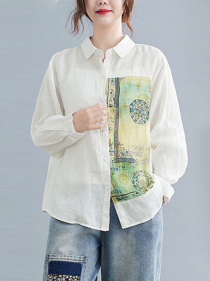 Artistic Retro National Printed Split-Joint Pleated Lapel Collar Long Sleeves Blouse