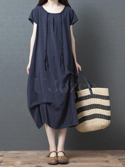 Casual Solid Ruffled Round-neck Midi Dress