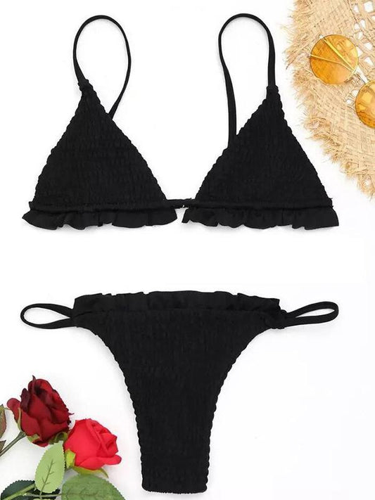 Pleated Triangle Top Smocking Bikinis Swimwear