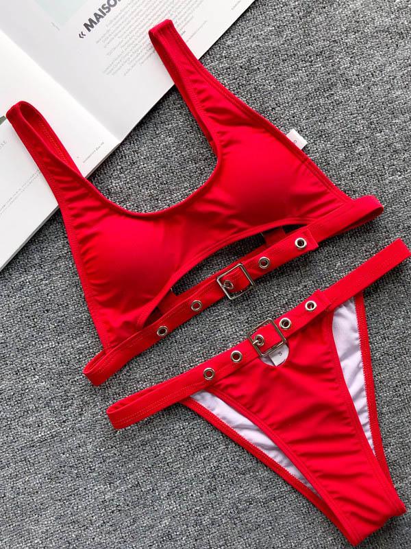 Solid Color Bandage Split Bikini Swimsuit