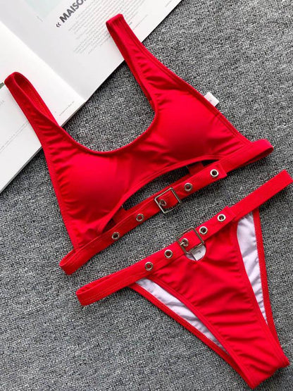 Solid Color Bandage Split Bikini Swimsuit