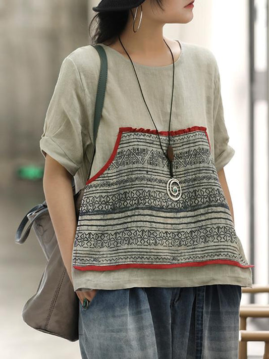 Retro Linen Pocket Split-side T-shirt