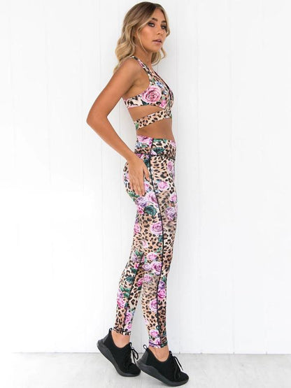 Zipper Leopard Floral Tank&Leggings Suits