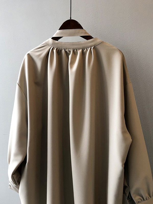 Urban Simple Solid Color Pleated Tied V-Neck Long Sleeves Midi Dress