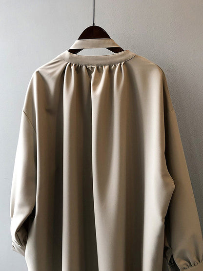 Urban Simple Solid Color Pleated Tied V-Neck Long Sleeves Midi Dress