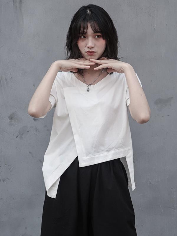 Simple Solid V-neck Asymmetric T-Shirt