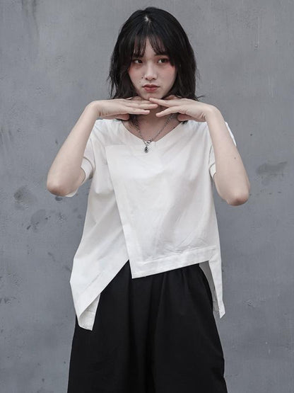 Simple Solid V-neck Asymmetric T-Shirt