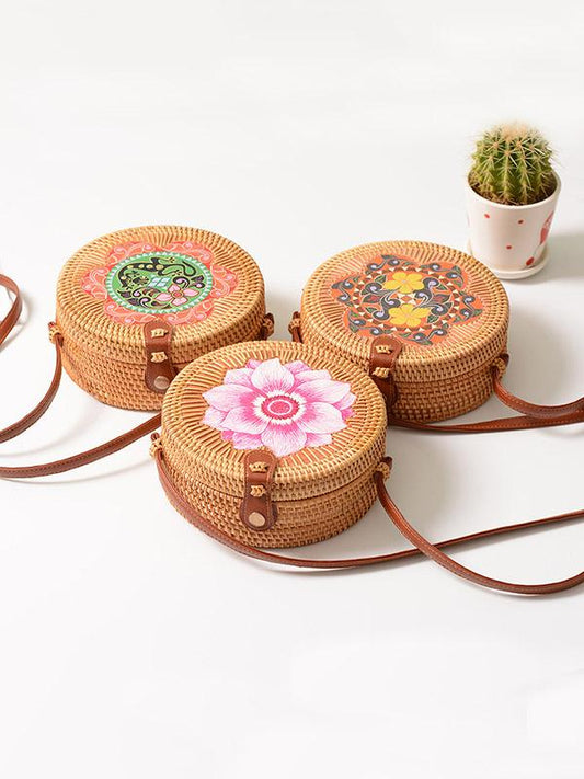 Forest Style Rattan Flower Pattern Round Bag