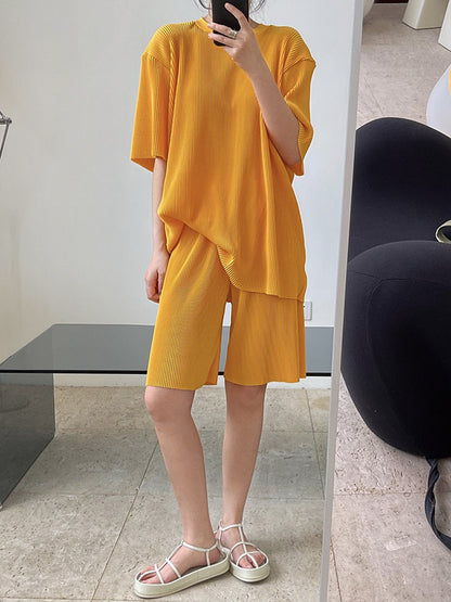 Simple Solid Color Plaited Short Sleeves T-Shirts