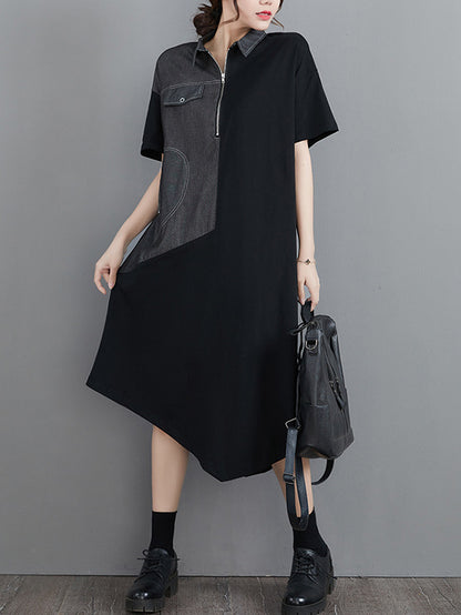Casual Irregular Split-Joint Half Sleeves Lapel Collar Midi Shirt Dress